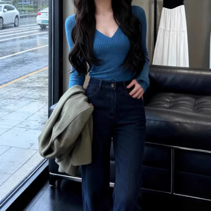 

Женский вязаный свитер с воротником в стиле французского ретро, синий, весна 2026, новинка, приталенный крой, с длинными рукавами