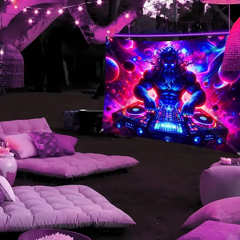 VIKAMA Wall Tapestry Psychedelic Zeus Dj Tapestry Black Light Lamp Universe Print Hanging Cloth Living Room Room Decoration