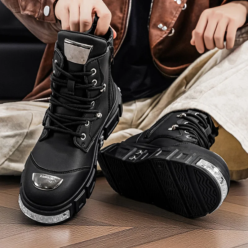 Men's Motorcycle Boots, Street Style Buckle High-Top Men's High-Top Boots, Thick-Soled, All-Season, Retro Motorcycle Casual Boots - view 6