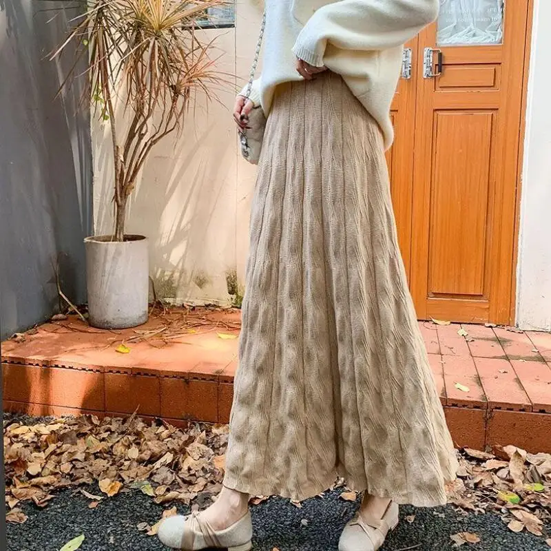 Falda de punto para niña Kawaii, nuevo modelo de otoño e invierno, vestido largo de cintura alta, doble bolsillo, cintura elástica, falda de estilo perezoso, dopamina