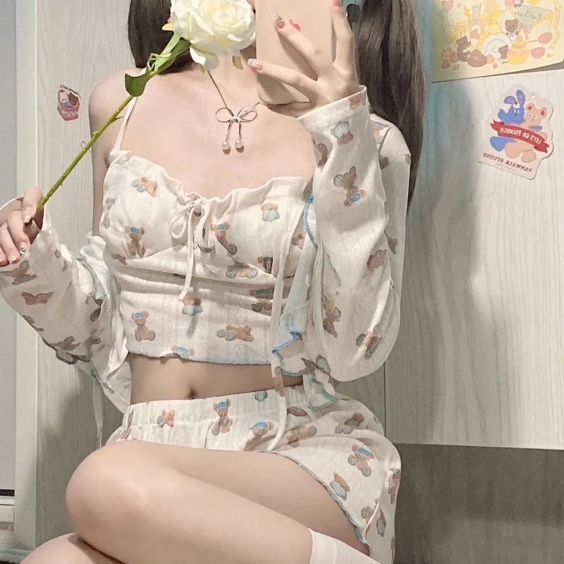 Summer Sweet Cartoon Bear Print Lolita Pajamas 3 Piece Sets Women Loose Shorts Sexy Sling Vest Suit Girls Home Clothes Pyjamas