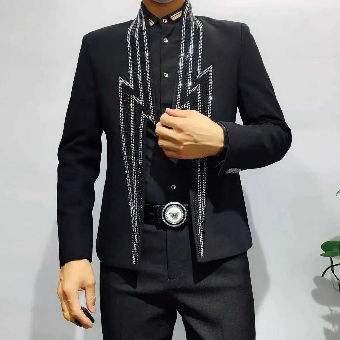 

Jacket Men Heavy Industry Luxury Banquet Jacket Blazer Masculino Lightning Rhinestone Jacket Club Party Blazer Men Stage Suit