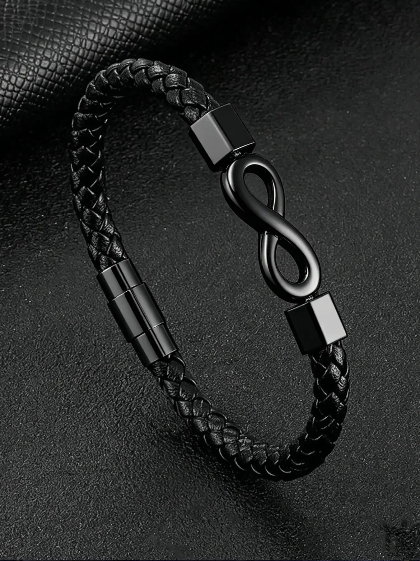 Men's woven black leather infinite knot bracelet stainless steel magnetic buckle design friendship and eternal love bracelet, gift for husband, anniversary and Valentine's Day gift Leather Braided Bracelet