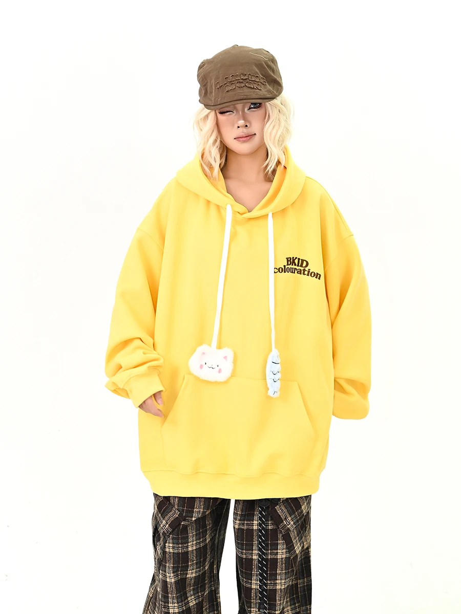 

Женская свободная толстовка Lazy Yellow в американском стиле BF, осенняя новинка, удобная уличная одежда с длинными рукавами