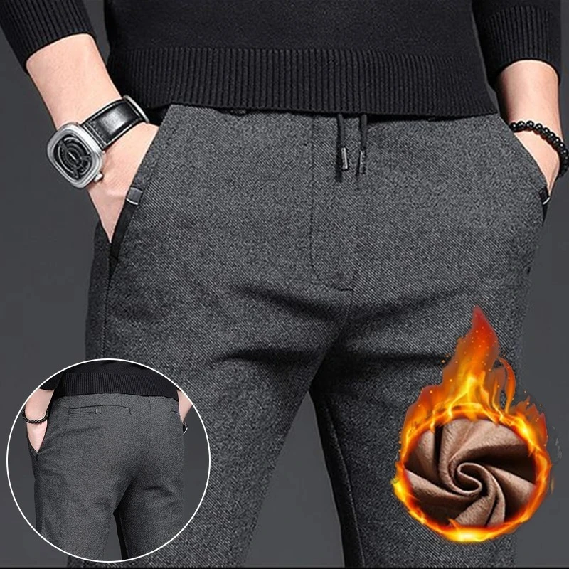 

Men Winter Warm Cold Protection Suit Pants Male Fleece Lined Thickened Blazer Pants Casual Ankle Length Cropped Trousers