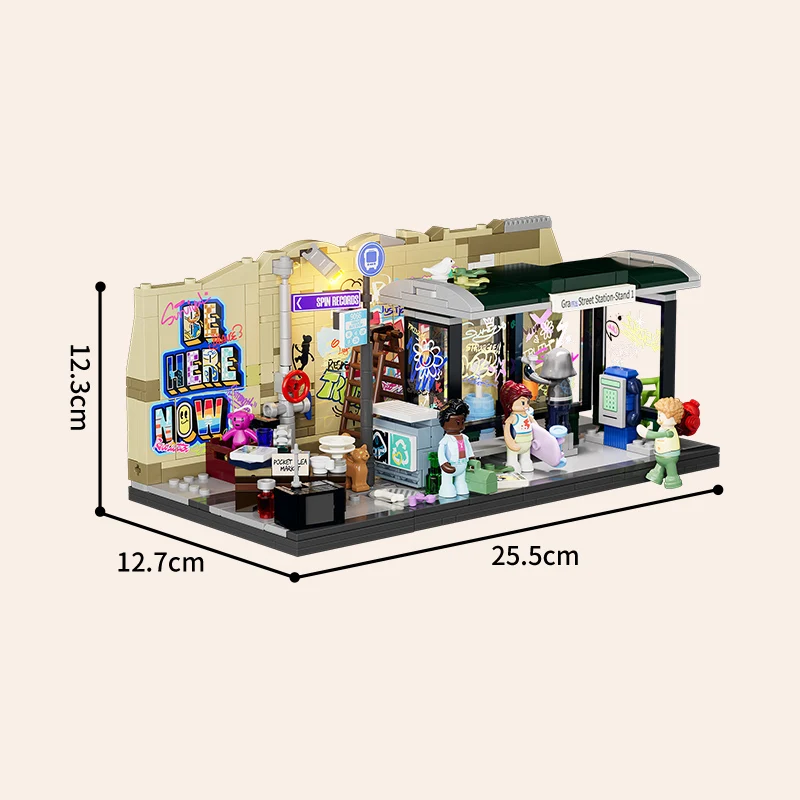 애니메이션 아메리칸 스트리트 시리즈 그래피티 버스 정류장 작은 거리 장면 빌딩 블록 모델, 도시 장난감 건축, 생일 선물