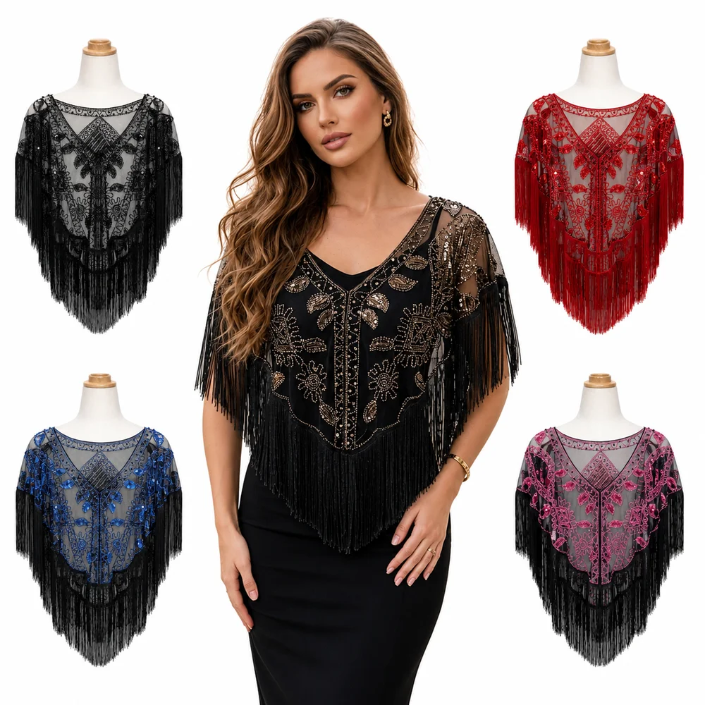New Mesh Wrap Sequined Shawl Sheer See Through With Tassel Flapper Shawl Cloak Tulle Shawl Fringe Shawl Wedding Accessories