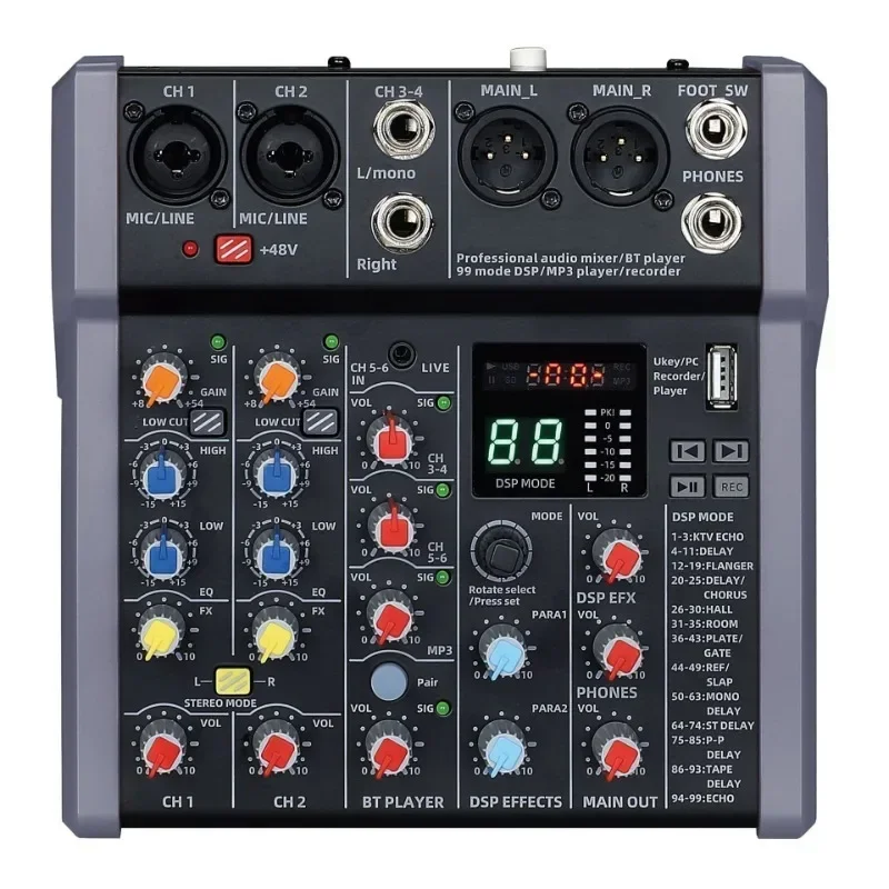 

4/6/8 Channel 99 DSP Audio Mixer 48V Phantom Power Type-C Studio Sound Mixers Bluetooth DJ Console Mixing for Karaok