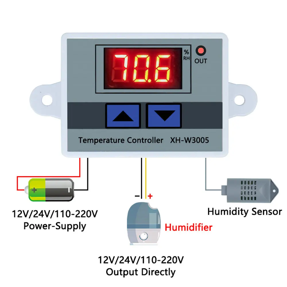 XH-W3005 W3005 DC 12V 24V 220V 10A Digital Humidity Controller Hygrometer Control Switch 0~99%RH Hygrostat w/ Humidity Sensor