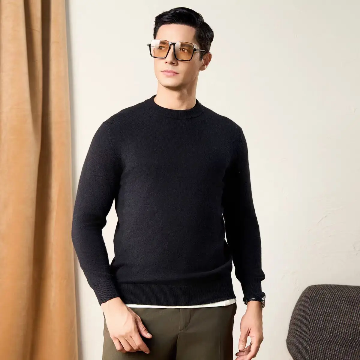Autumn And Winter New Solid Color Round Neck Wool Knitted Bottoming Shirt Men's Long Sleeve Loose Warm Cashmere Sweater