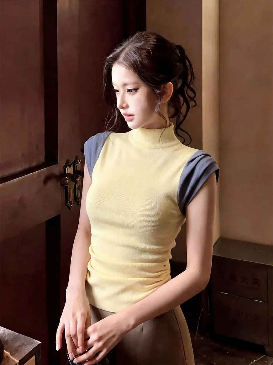 

Женская модная футболка Slim Fit с полувысоким воротником без рукавов, желтый градиентный дизайн, летняя новинка, повседневная удобная футболка