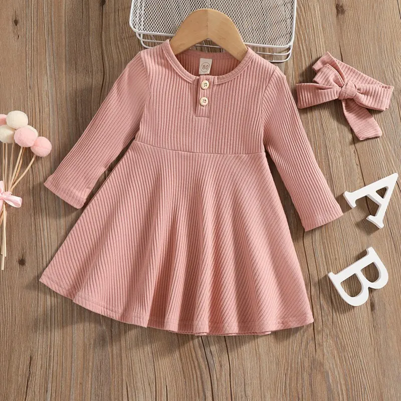 Children Dresses Autumn Winter Girls Knitted Ribbed Solid Color Button Decorate Long Sleeve Dress Hairband Kids 2Pcs/Set Clothes