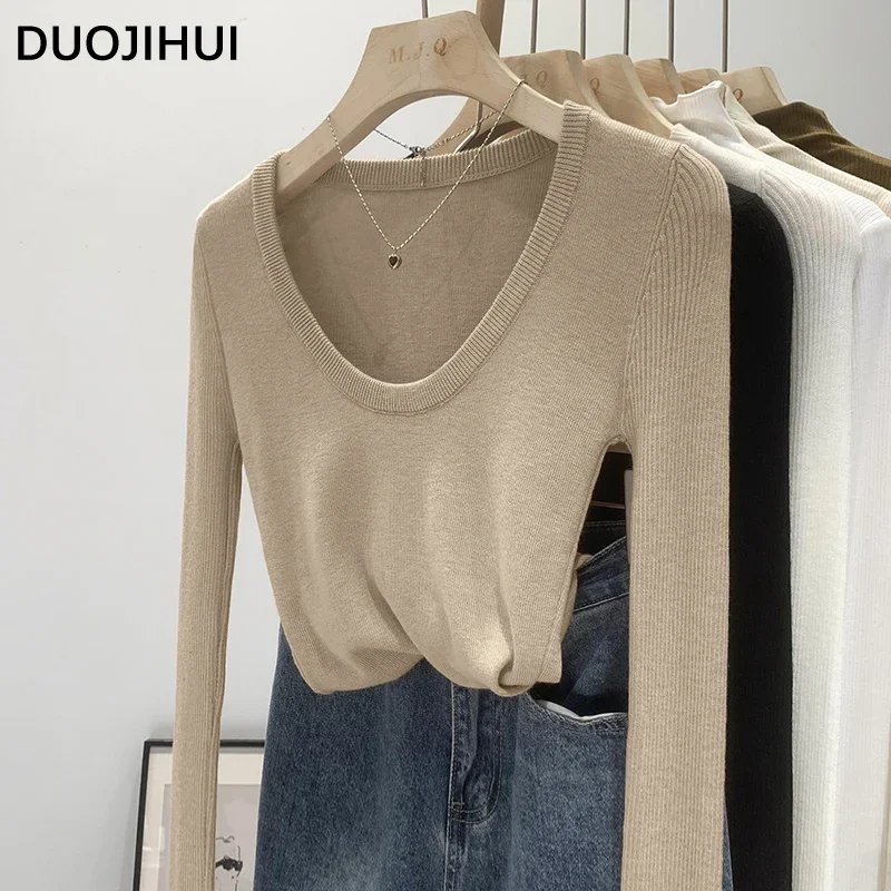 DUOJIHUI New Chic Neck Slim Knitting Autumn Female T-shirts Simple Casual Fashion Office Ladies Basic Solid Color Women T-shirts