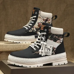 Boots Men Shoes Hiking Retro Design Outdoor Man Casual Shoes Men's High Tops Hiking Print Sneakers Bota Motociclista