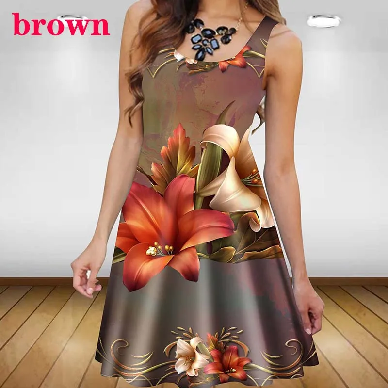 Plant Flowers 3D Printed Women Dress Elegant Sweet Casual Sleeveless A-Line Dresses 2023 Oversized Summer Sexy Clothing Sundress