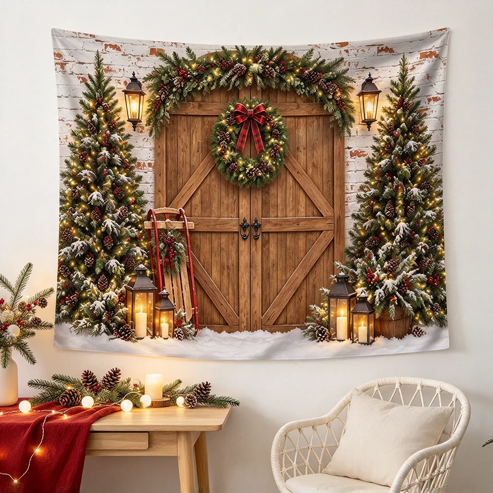 1PCS Tapestry, Wooden Barn Door Wreath Garland Lanterns Tree Sled Scene, Holiday Party Decoration for Home Studio Wall