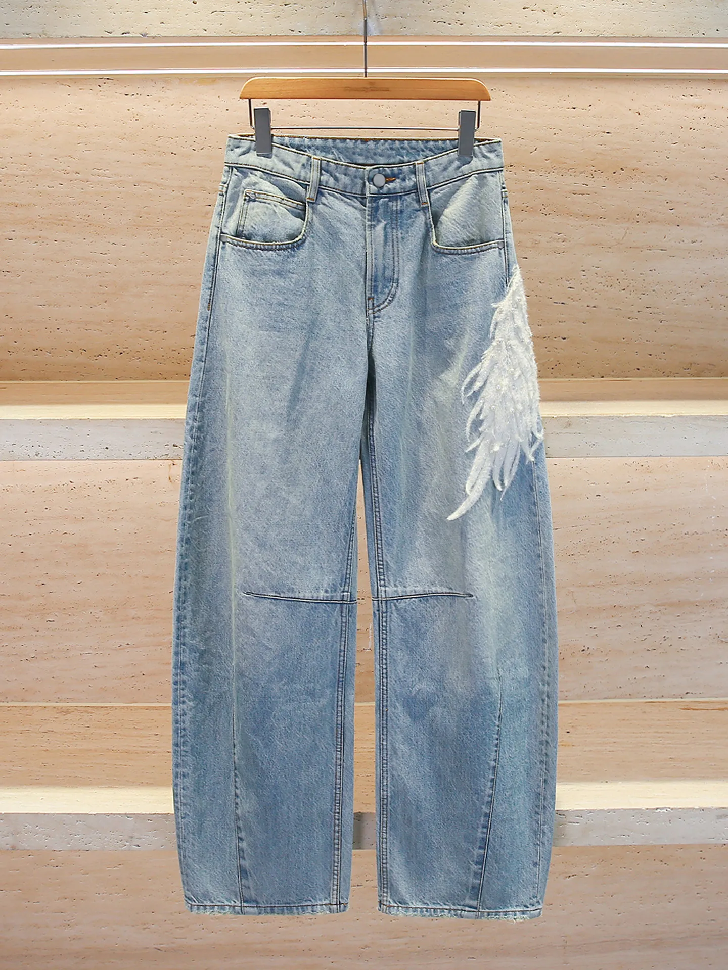 High Street Jean Pants Women's Autumn and Winter Design Sense Heavy Nail Bead Washed Denim Wide Leg Denim Pants