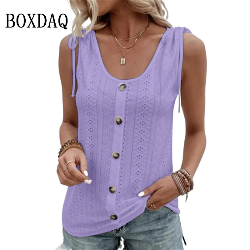 Loose Button Casual White Blouses Fashion Women Summer Tops Sleeveless Bow Vest Shirt Woman Sexy Hollow Out Shirts Elegant 2023