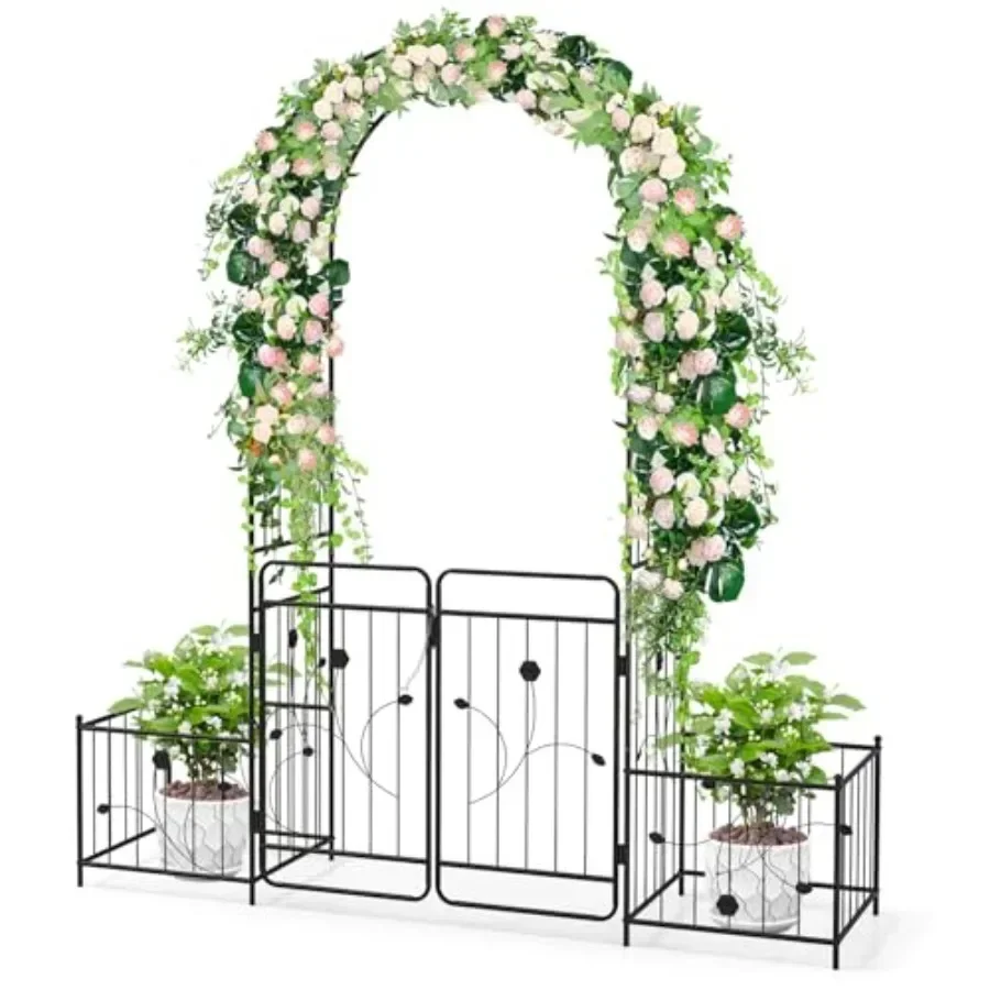 Metal garden archway for outdoor decoration, heavy-duty steel, black, includes lockable gate and 2 side planters for climbing p