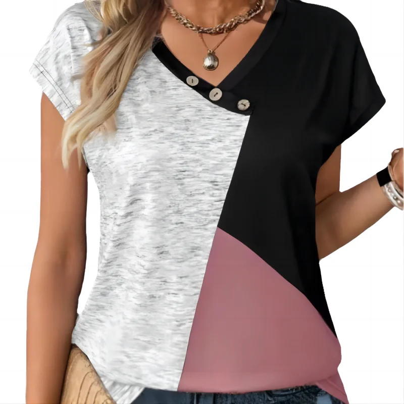 Color Block V Neck Button T-Shirt, Casual Short Sleeve T-Shirt For Spring & Summer, Women\'s Clothing