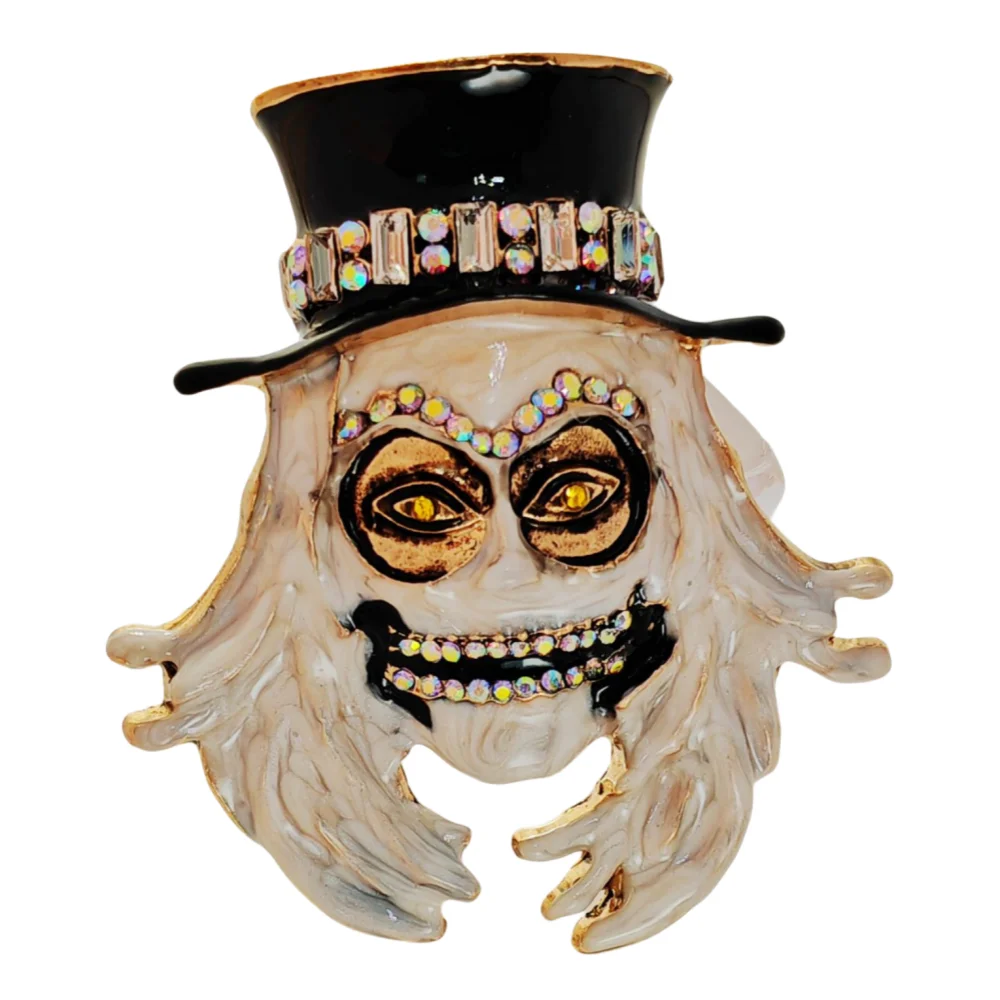 

Gothic White Enamel Grim Grinning Ghost Brooch with Hat Scary Jewelry