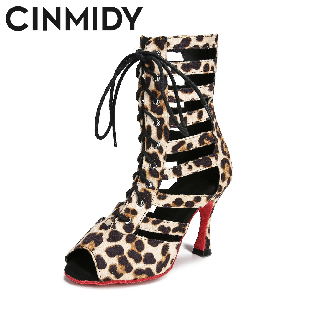 CINMIDY Leather Dance Boots Leopard Ballroom Dancing Shoes Latin Dance Shoes Women Pole Dance Boots Tango Ladies Party Shoes