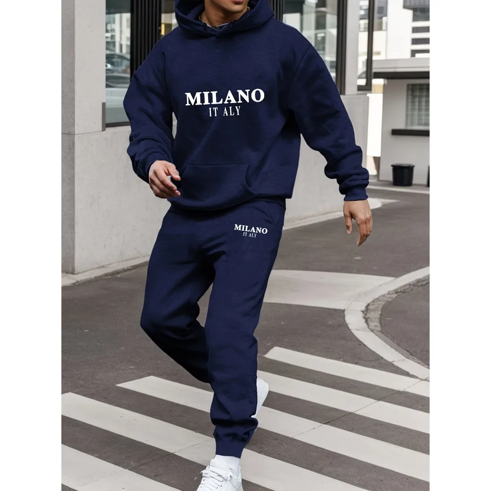 Men's 2pcs Sets Letter Print Long Sleeves Hoodies & Long Pants Two-piece Set, Sportswear Stretch Outfits For Winter And Autumn