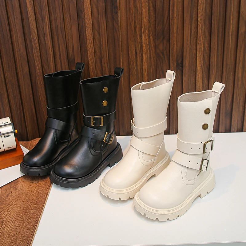 Girls Mid Calf Boots Double Buckle Design Kids Fashion Combat Boots Non Slip Thick Sole Children Autumn Winter Princess Shoes
