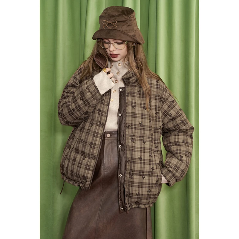 ELFSACK デザイン リバーシブル チェック柄 ハート刺繍 ラペル ショート ダウンジャケット 女性用