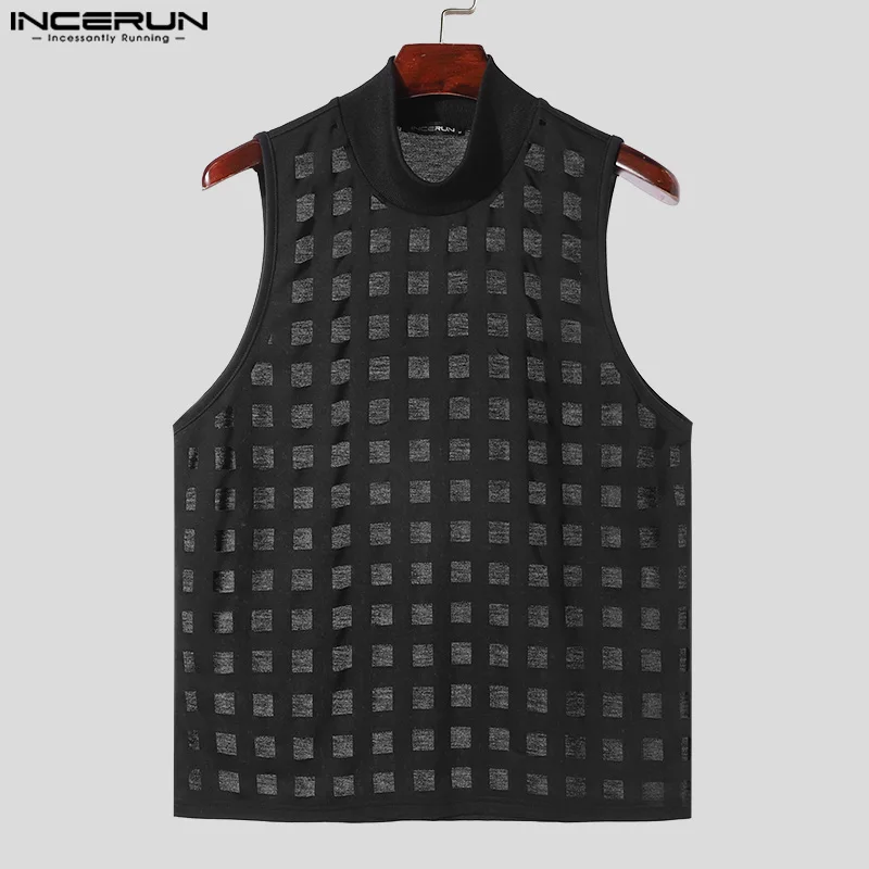 INCERUN Men Tank Tops Hollow Out Solid Color Turtleneck Sleeveless Casual Male Vests Sexy 2024 Streetwear Fashion Men Clothing