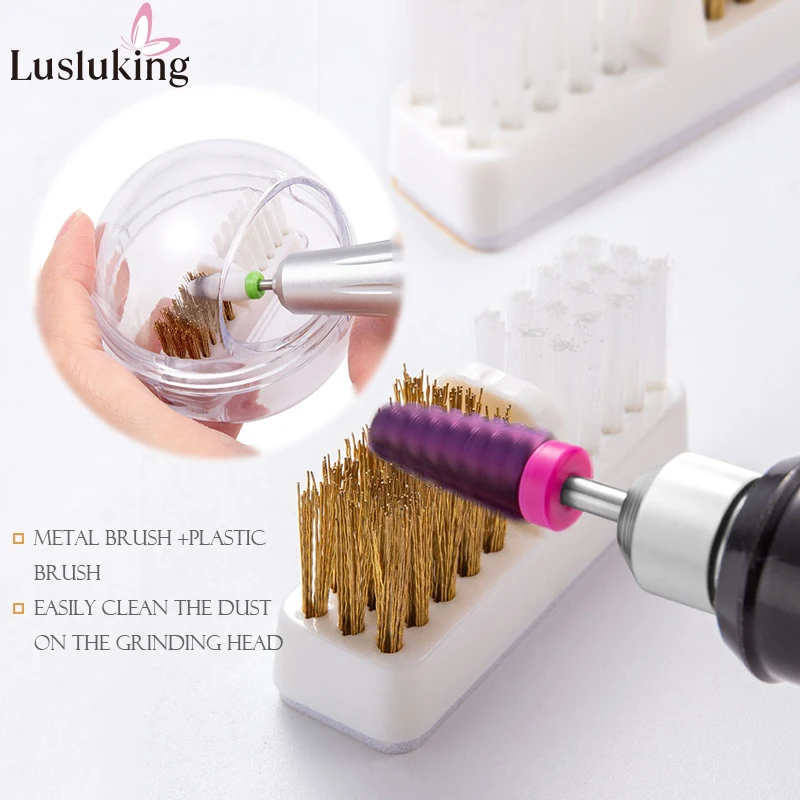 Electric Nail Drill Bits Cleaning Brush with Dustproof Box Portable Manicure Cutter Cleanser Copper Wire Brush Clean Tools