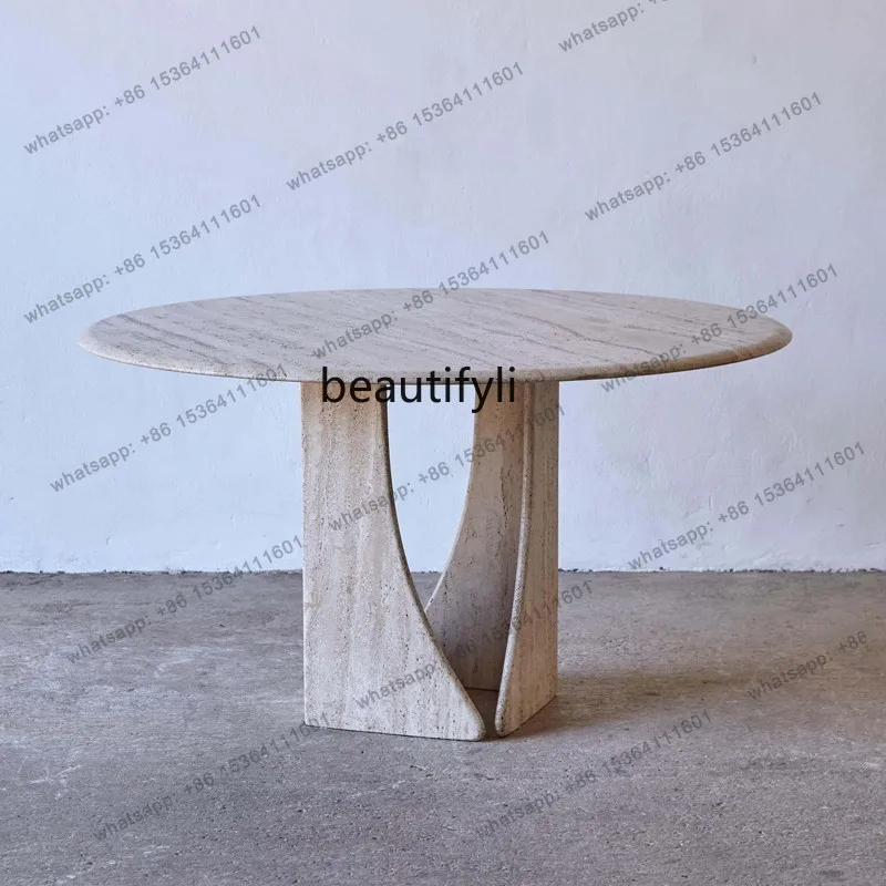 Natural travertine round dining table household small apartment designer negotiation table wabi sandy wind