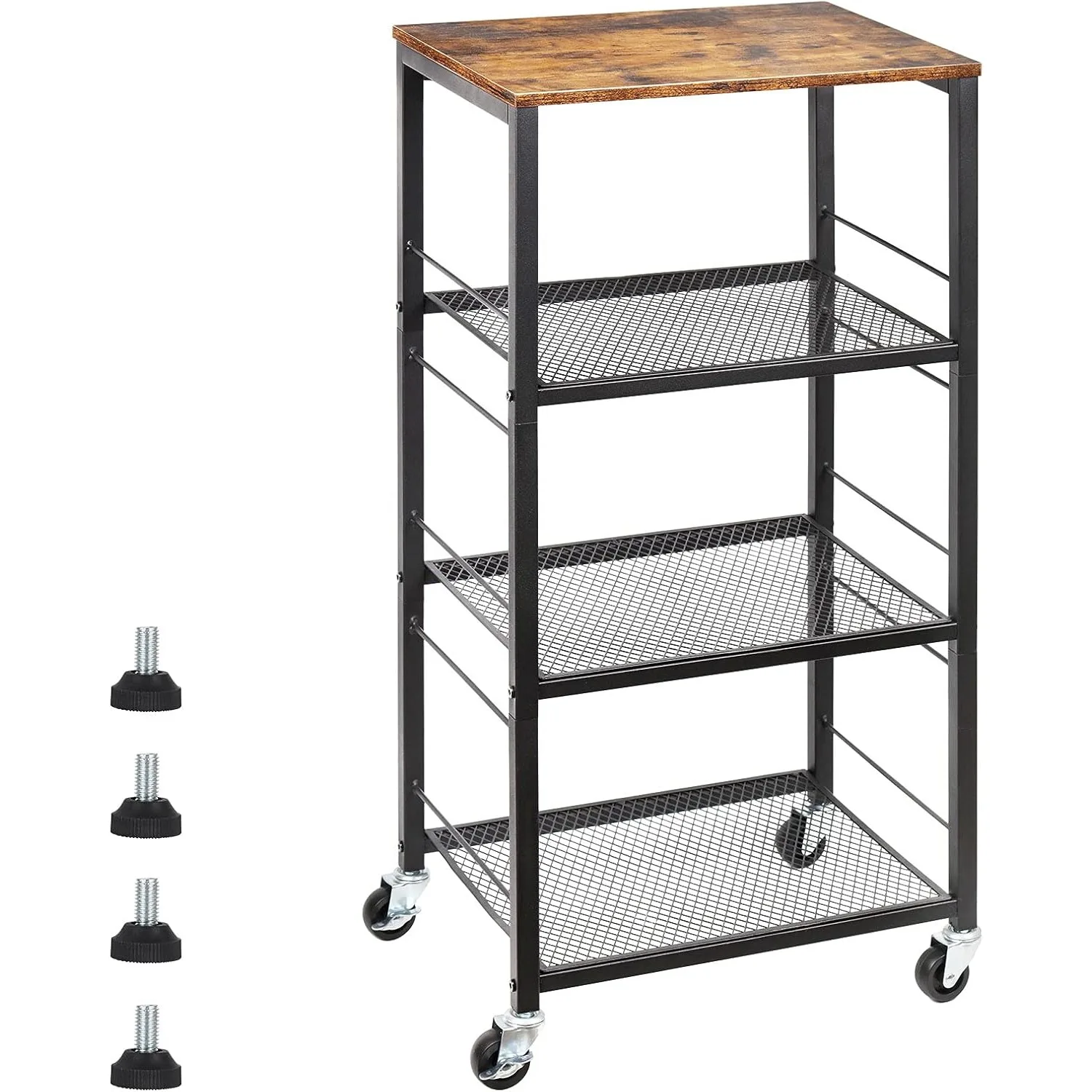 

Industrial Wood 4-Tier Kitchen Cart with Wheels | Microwave/Bar/Storage Trolley | Bedside/Bathroom/Office Multi-Use Serving Rack