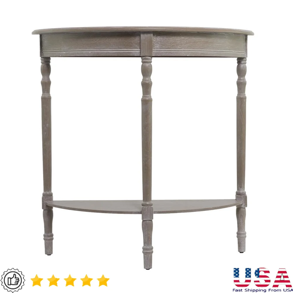 Half Round Solid Pine Wood Console Table Traditional Style Indoor Half Moon Accent Table with Shelf Storage Curved Legs Vintage