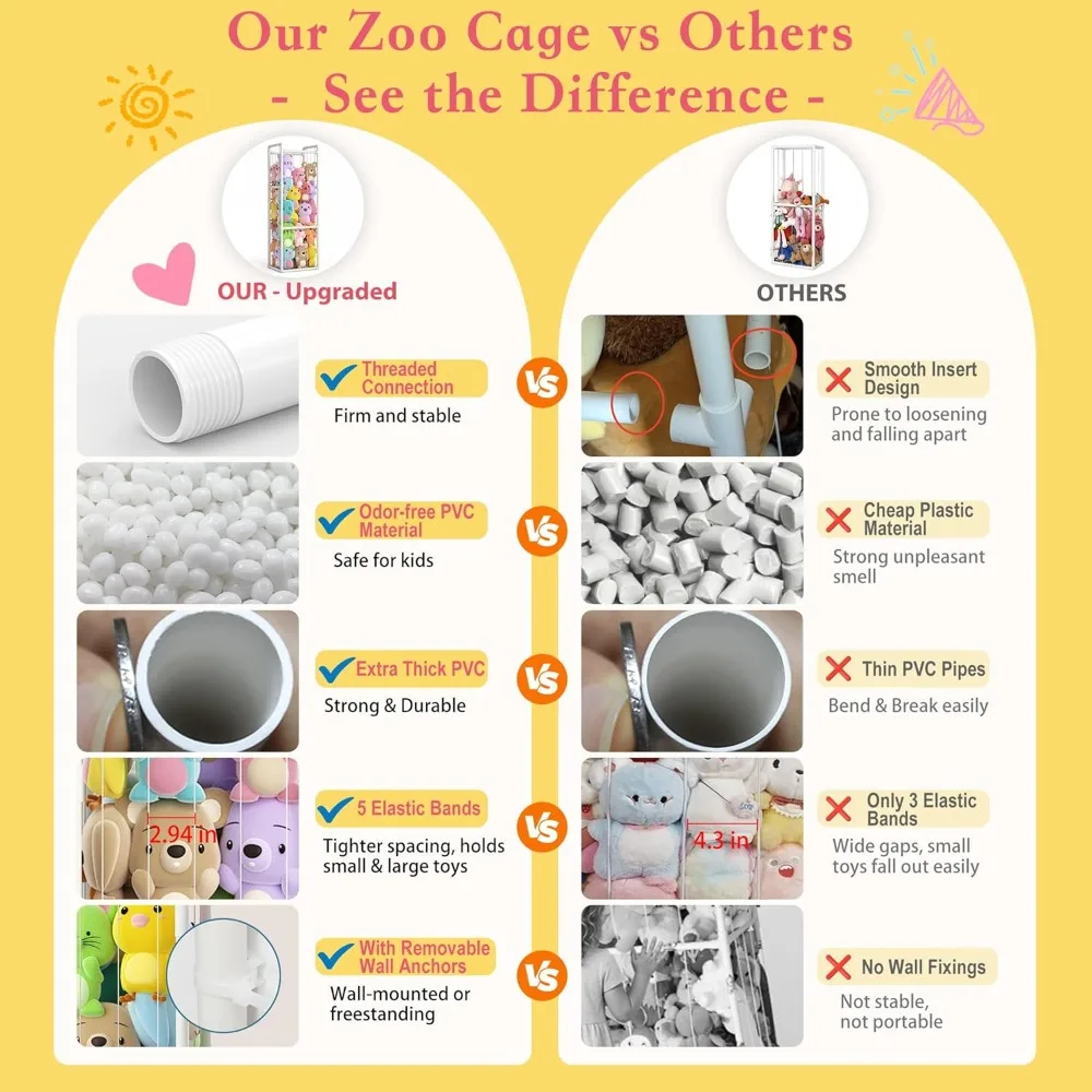 منظم حيوانات محشو كبير على شكل قفص حديقة الحيوان العمودي مع أنابيب PVC متينة لتخزين الألعاب الموفرة للمساحة