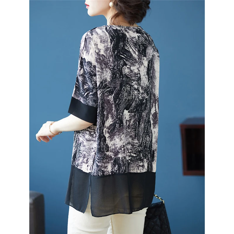 Women Vintage Ink Painting Print Patchwork Elegant Blouse Summer Fashion O Neck Short Sleeve Shirt Loose Tunic Tops Blusas Mujer