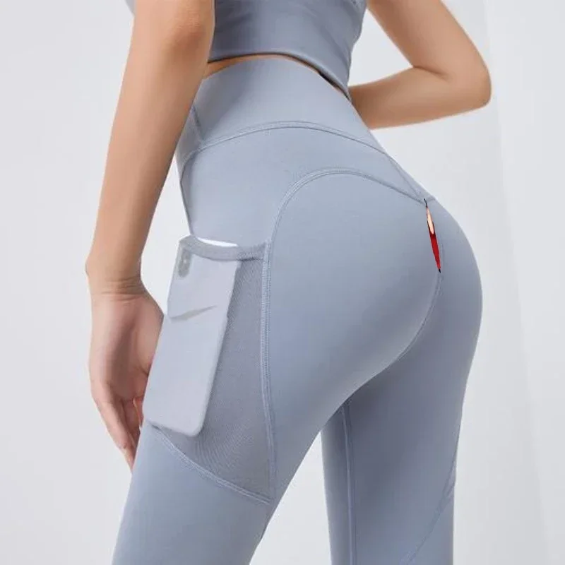 Invisible Open-crotch Pants, High Waist Sports Tights, Breathable Elastic Fitness Pants, Peach Hip Mesh Side Pockets. Joggers