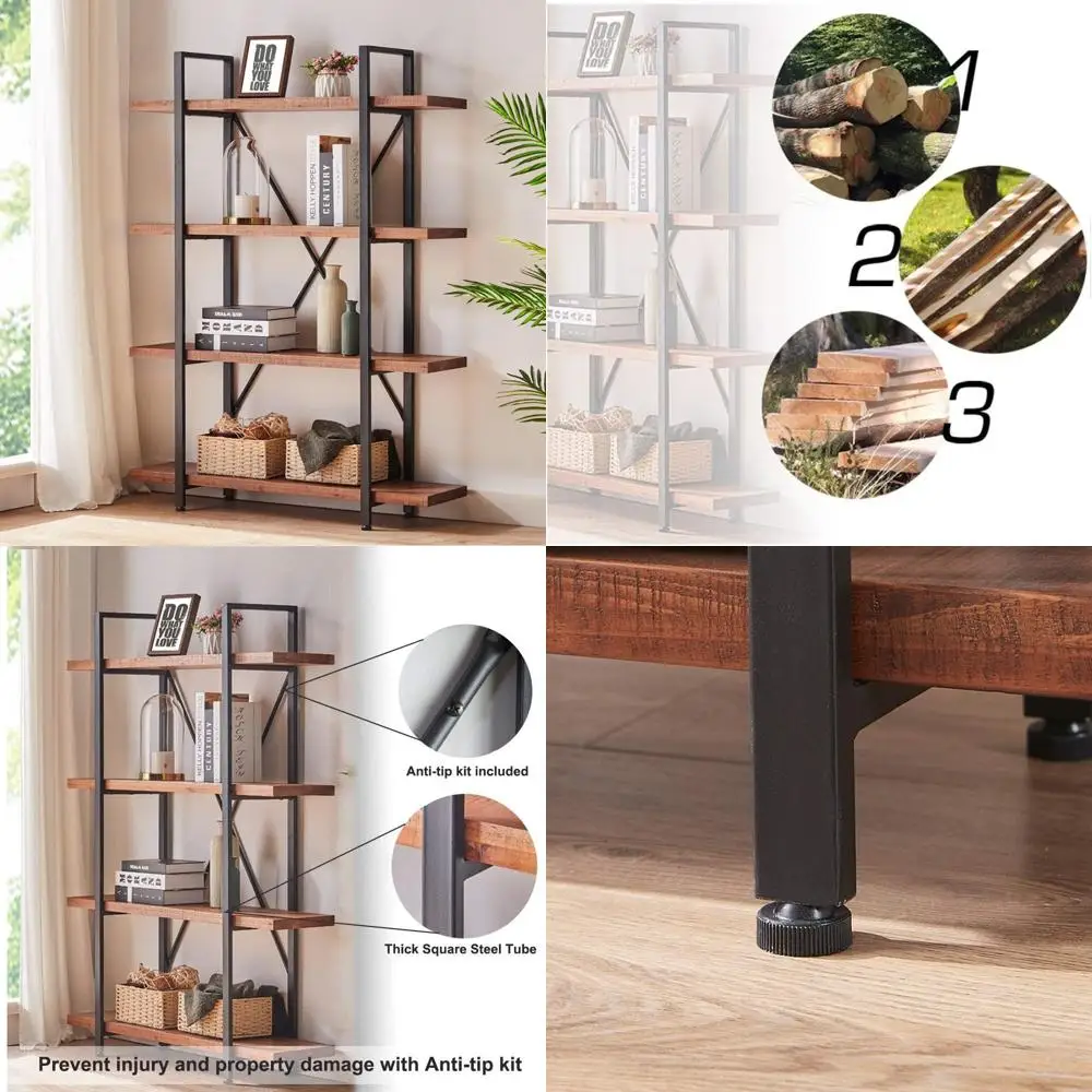 

Natural Wooden 4-Tier Bookshelf with Rustic Metal Frame, Vintage Farmhouse Style Open Bookcase