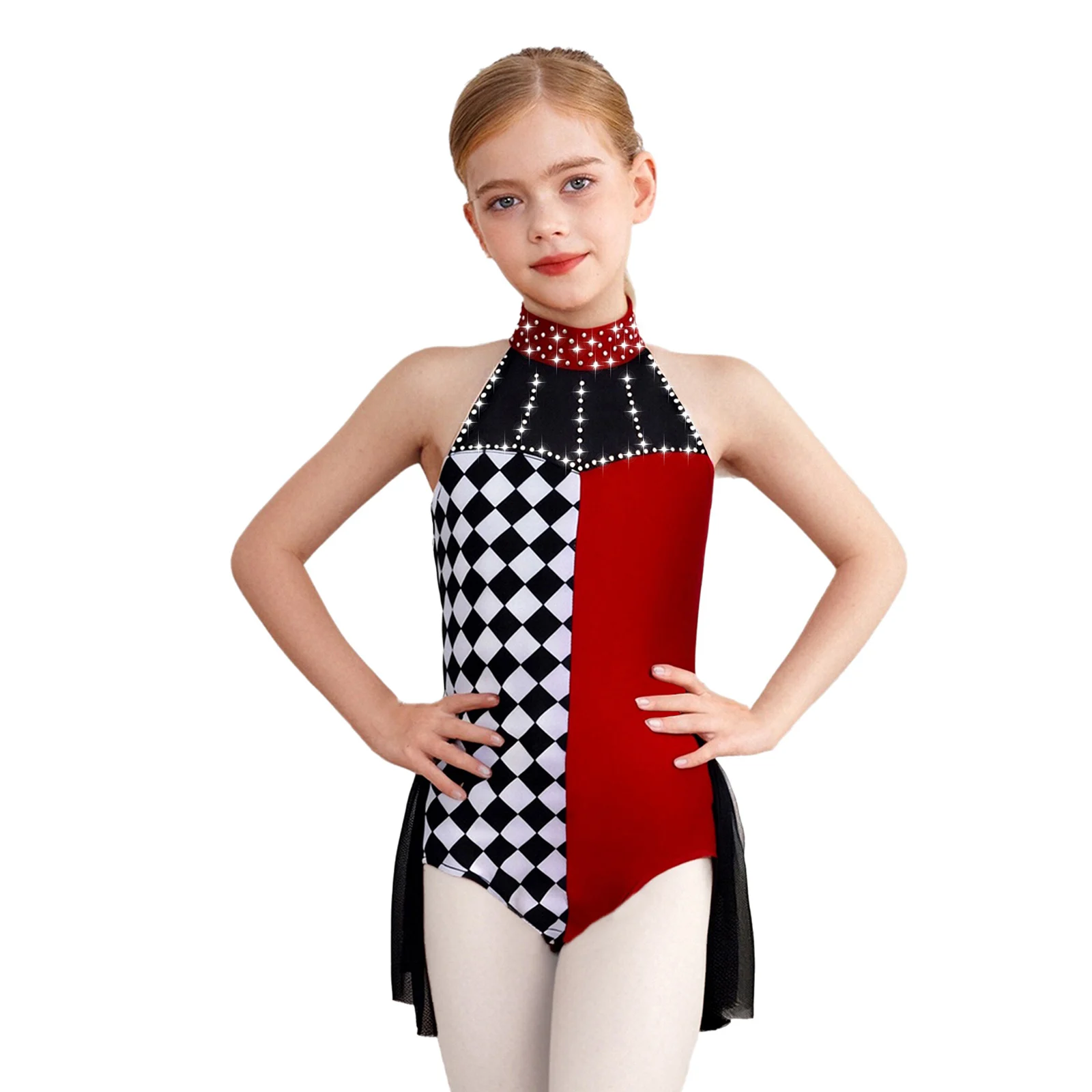 Kids Girls Ballet Dance Leotard Party Clown Costume Color Block Patchwork Rhinestone  Halter Sleeveless Mesh Overlay Bodysuit