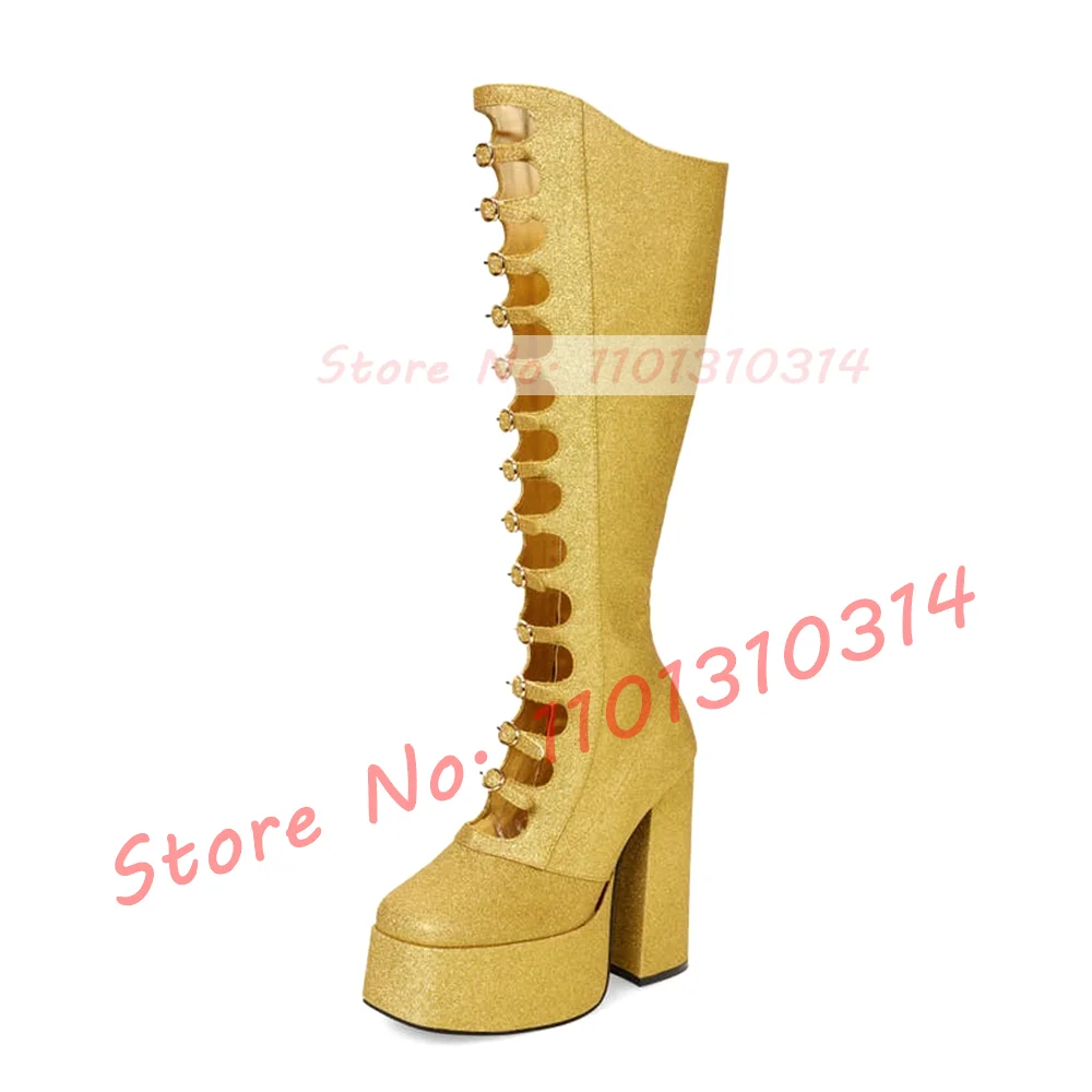 Punk Gold Glitter Strappy Platform Boots donna Sparkly Round Toe Belt Buckle stivali alti al ginocchio donna Party Side-zip Cutout Shoes