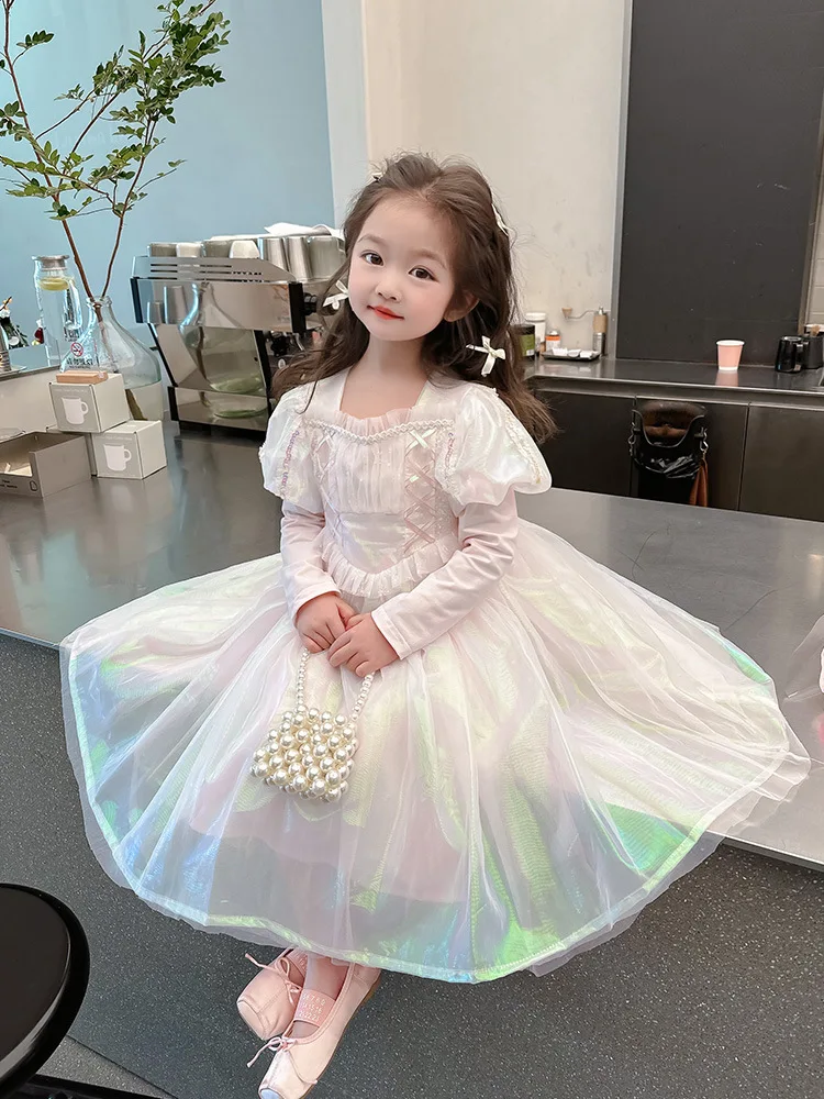 

2025Girls' Spring Summer New High-End Mesh Fabric Puff Sleeve Dress
