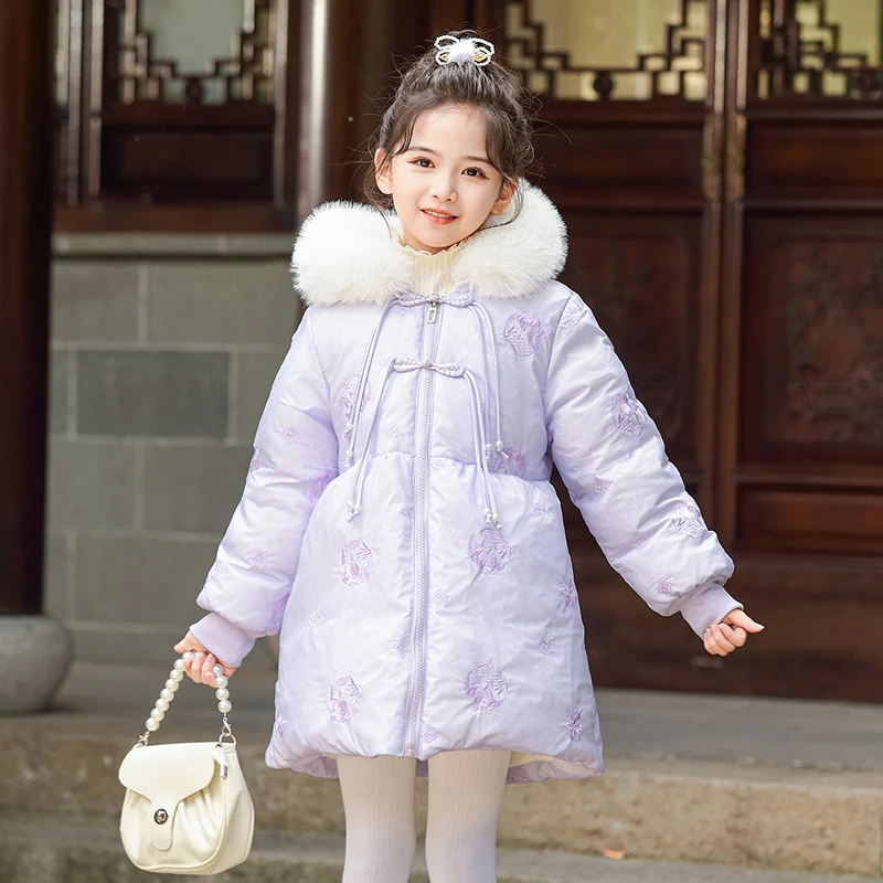 

Girls Winter Cotton Jaet Fce Lined New Year Visiting Warm Coat Thiened Long Sve Zipper Hooded Mid-Length Commute Sle