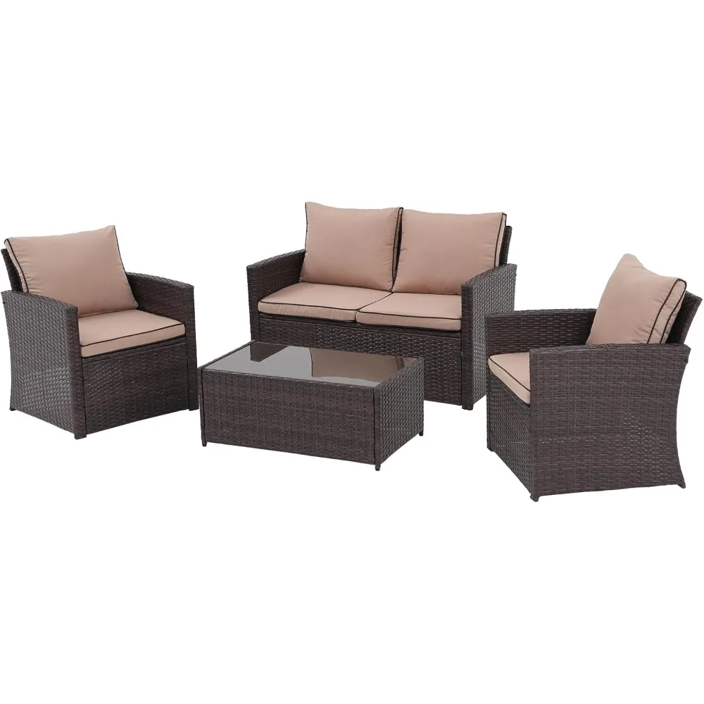Patio Furniture Set, 4 Piece Outdoor Patio Conversation Set, All-Weather PE Rattan Wicker Sectional Patio Sofa Set