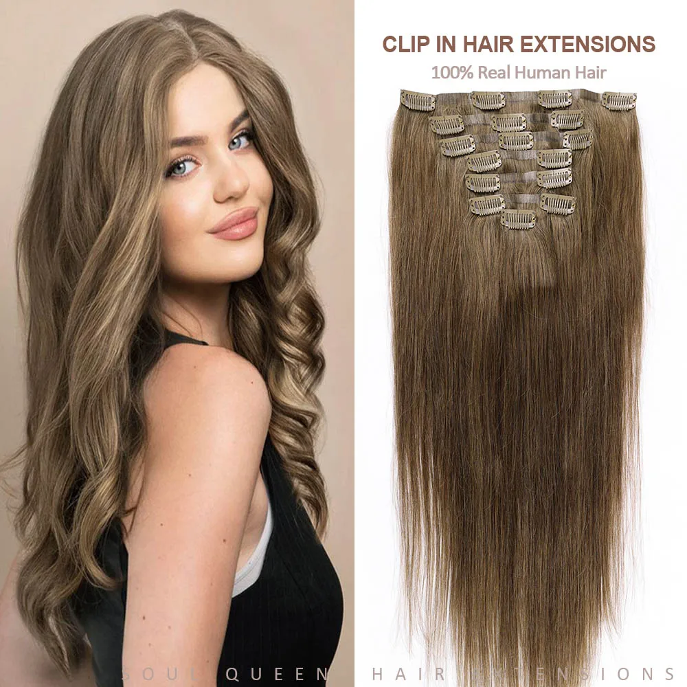 PU Seamless Clip In Hair Extensions Human Hair Natural Invisible PU Tape Clip In Human Hair Extensions Full Head For Women 120g