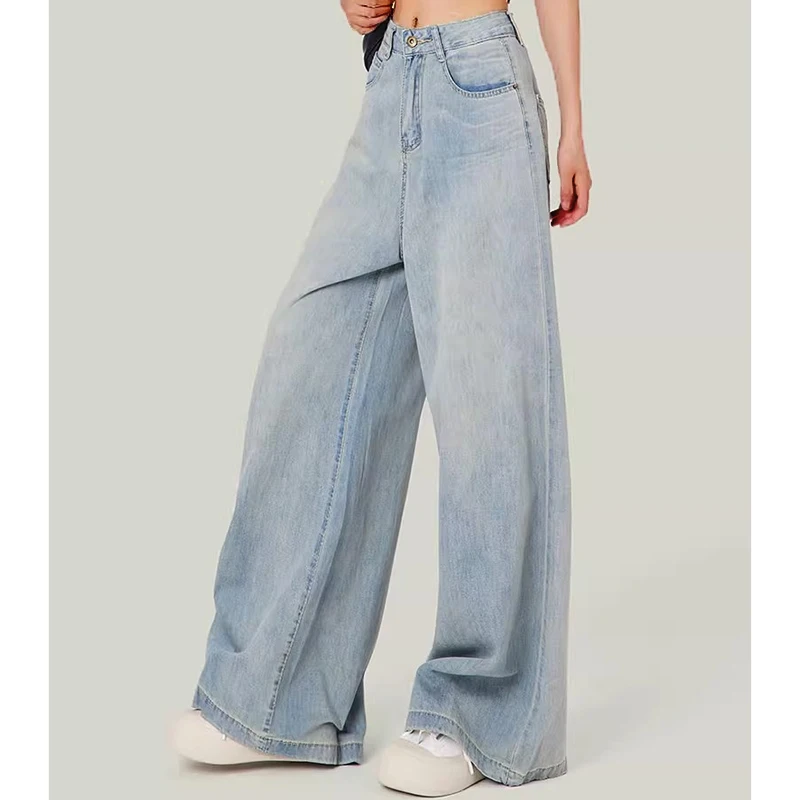 ผู้หญิงสูงเอวเสื้อผ้าแฟชั่น Baggy กางเกงยีนส์หญิง Vintage ขนาดใหญ่กางเกงขากว้างหญิง Gothic Light Blue ความงามกางเกง