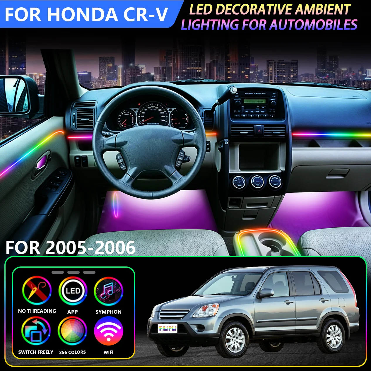 Fit For HondaCR-V 2005-2006 Smart Synchronous Colorful Ambient LED Light, Full Spectrum Rich Gradient Color Rendering, APP Control Adjustable Light Flow Speed Cabin Decor Lamp, High-Temperature Resistant, 256 Dynamic Lighting Modes