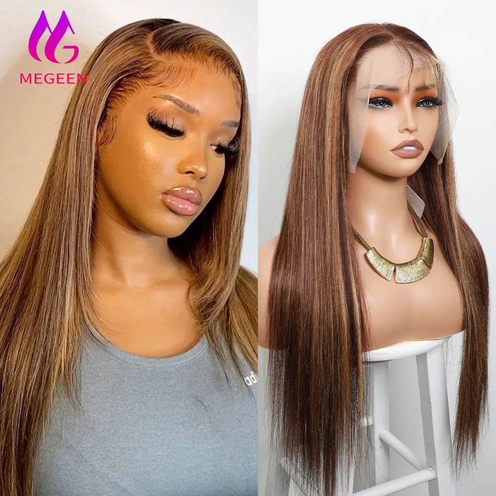 Megeen Highlight P4/27 13X4 Transparent Lace Frontal Wig Human Hair Honey Blonde Straight Lace Front Wig Colored Ombre Wigs Remy