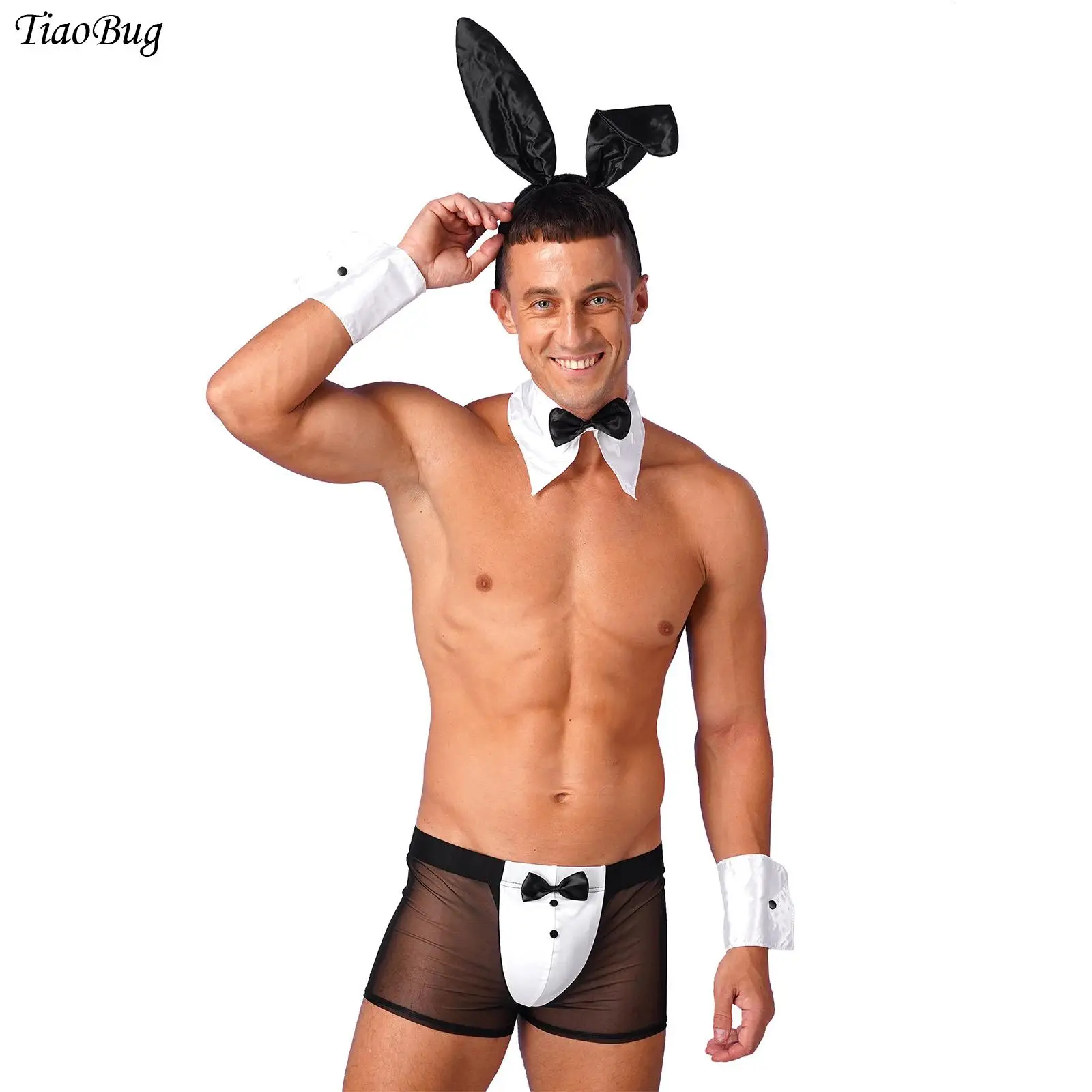 

Men Bunny Cosplay Costume Waiter Cosplay Lingerie Set See Through Boxer Briefs and Bunny Ears Headband Collar Cuffs Tuxedo Wear