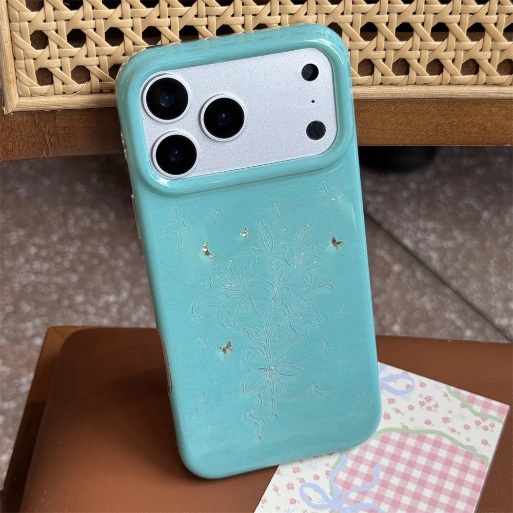 Kawaii Embossed Gold Floral Case For iPhone 15 16 17 18 Pro Max Glossy Cyan Star Butterfly Print Shockproof Phone Back Cover