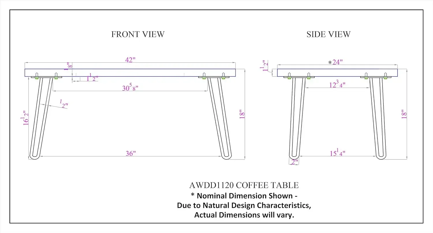 Grampo de cabelo em madeira natural com mesa de centro de metal de 42", borda viva, 42 polegadas